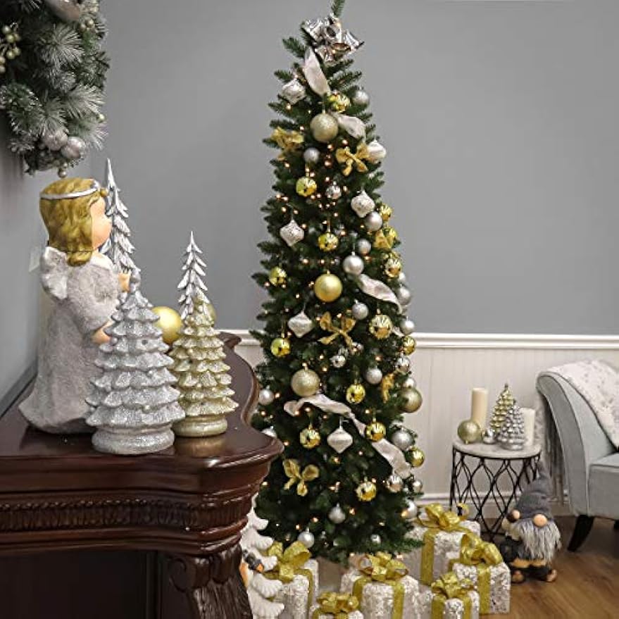 National Tree Company Artificial Pre-Lit Slim Christmas Tree, Green, Kingswood Fir, White Lights, Includes Stand, 6.5 Feet