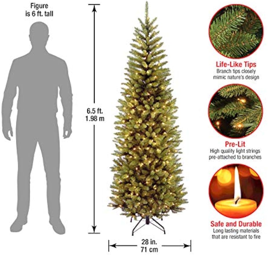 National Tree Company Artificial Pre-Lit Slim Christmas Tree, Green, Kingswood Fir, White Lights, Includes Stand, 6.5 Feet