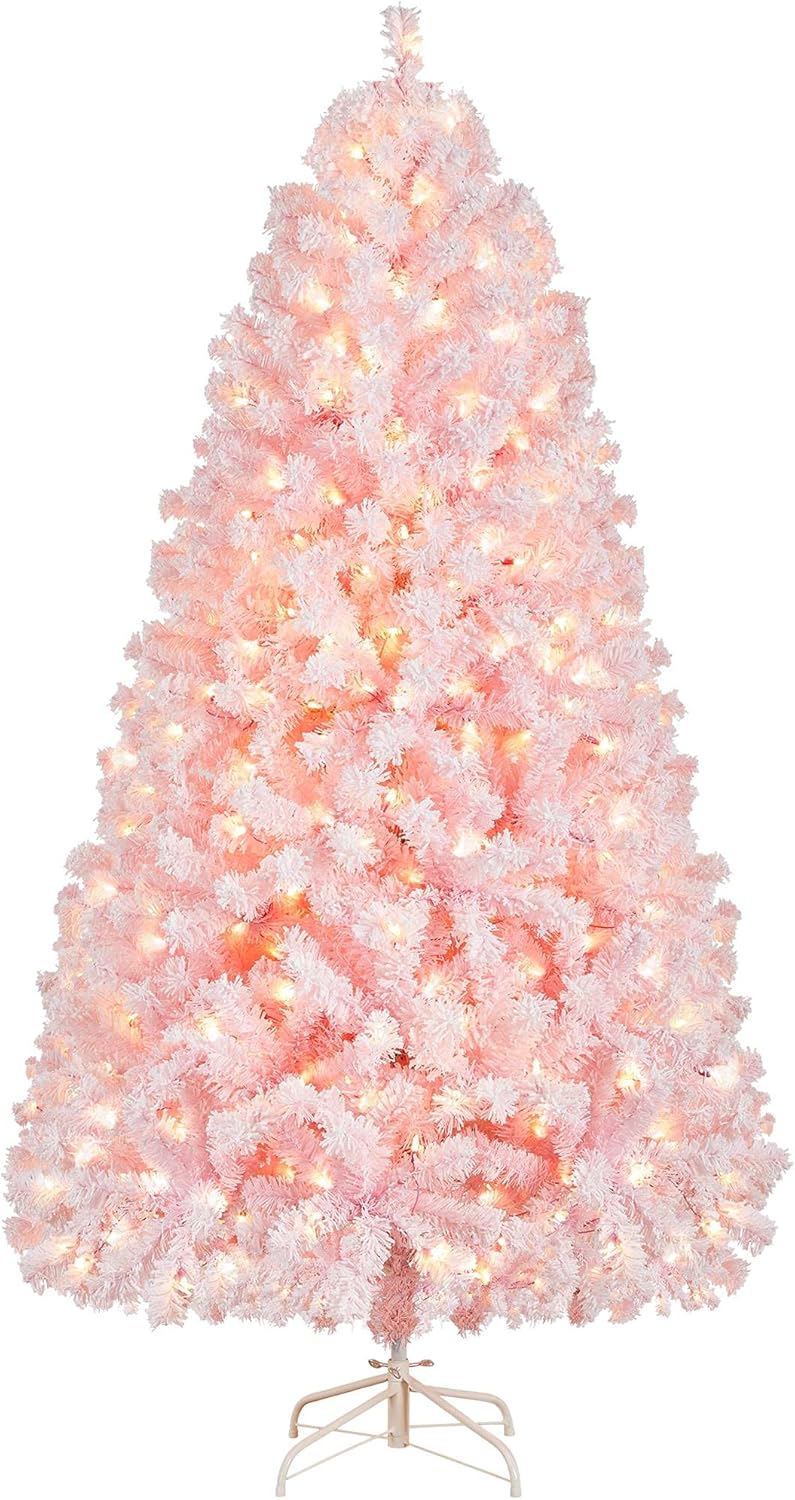 Yaheetech 6ft Pre-lit Artificial Christmas Tree with Incandescent Warm White Lights, Snow Flocked Full Prelighted Xmas Tree W/820 Branch Tips, 250 Incandescent Lights & Foldable Stand, Green & White