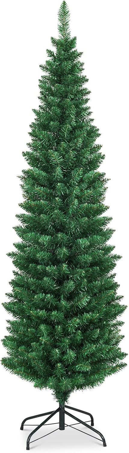 Giantex, Green Artificial Pencil Christmas, Premium Hinged Pine Tree with Solid Metal Legs, Perfect for Home, Shops and Holiday Decoration, (5FT) (Artificial Pencil Christmas Tree)