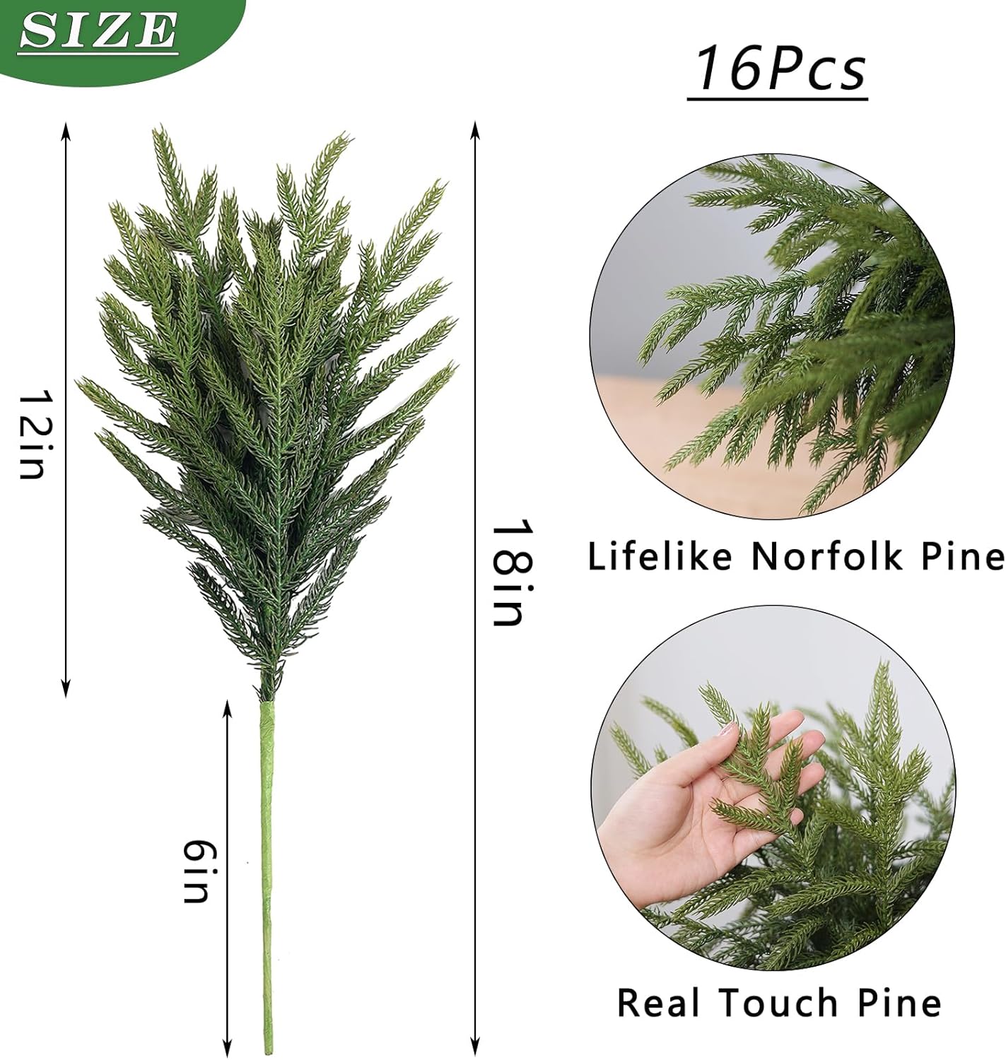 YXZZWL 16 Pcs 18 Inch Real Touch Artificial Norfolk Pine Branches, Faux Cedar Pine Stem Fake Greenery Pine Picks for Vase DIY Garland Wreath Home Decoration