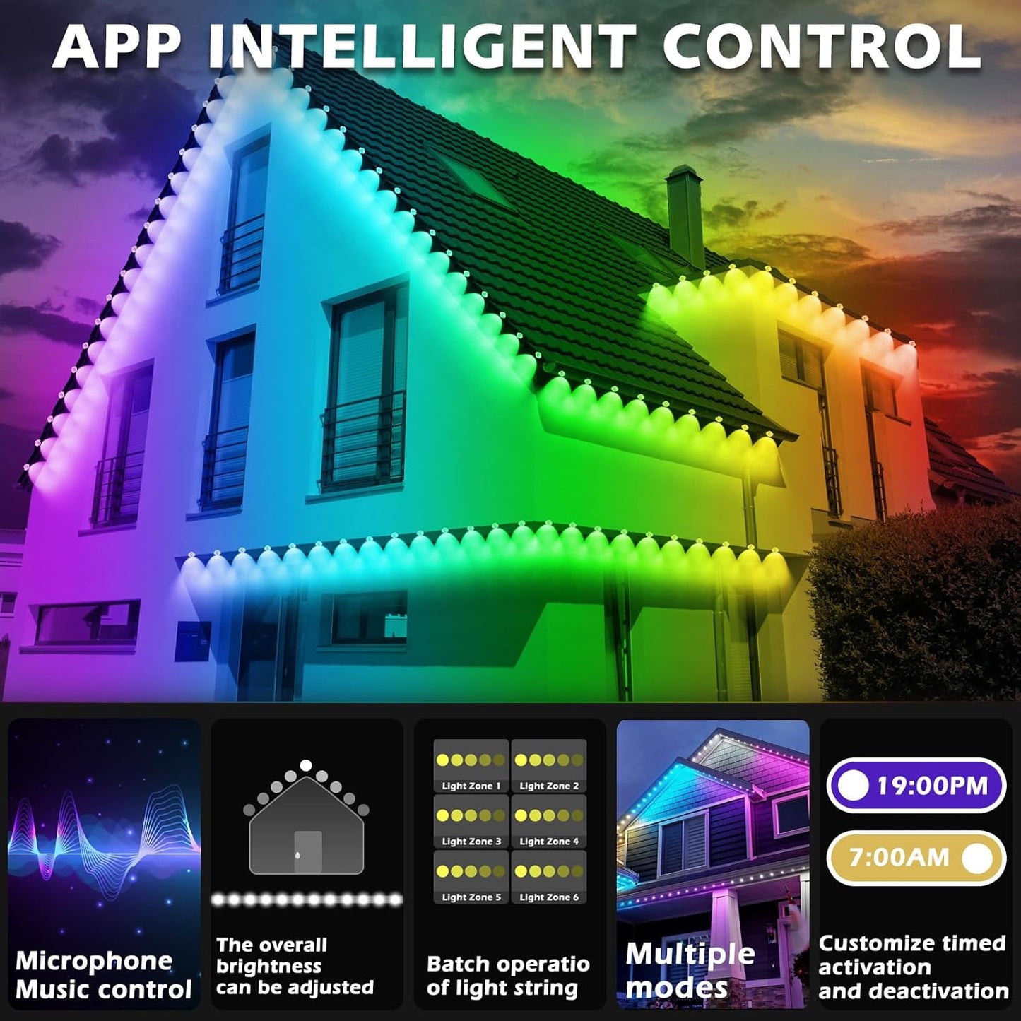 200FT Permanent Outdoor RGB Lights,Waterproof Smart LED Eaves Lights with App/Remote Control,for Christmas and All Holiday Decor,Daily and Accent Lighting,House Roof and Garden Lighting