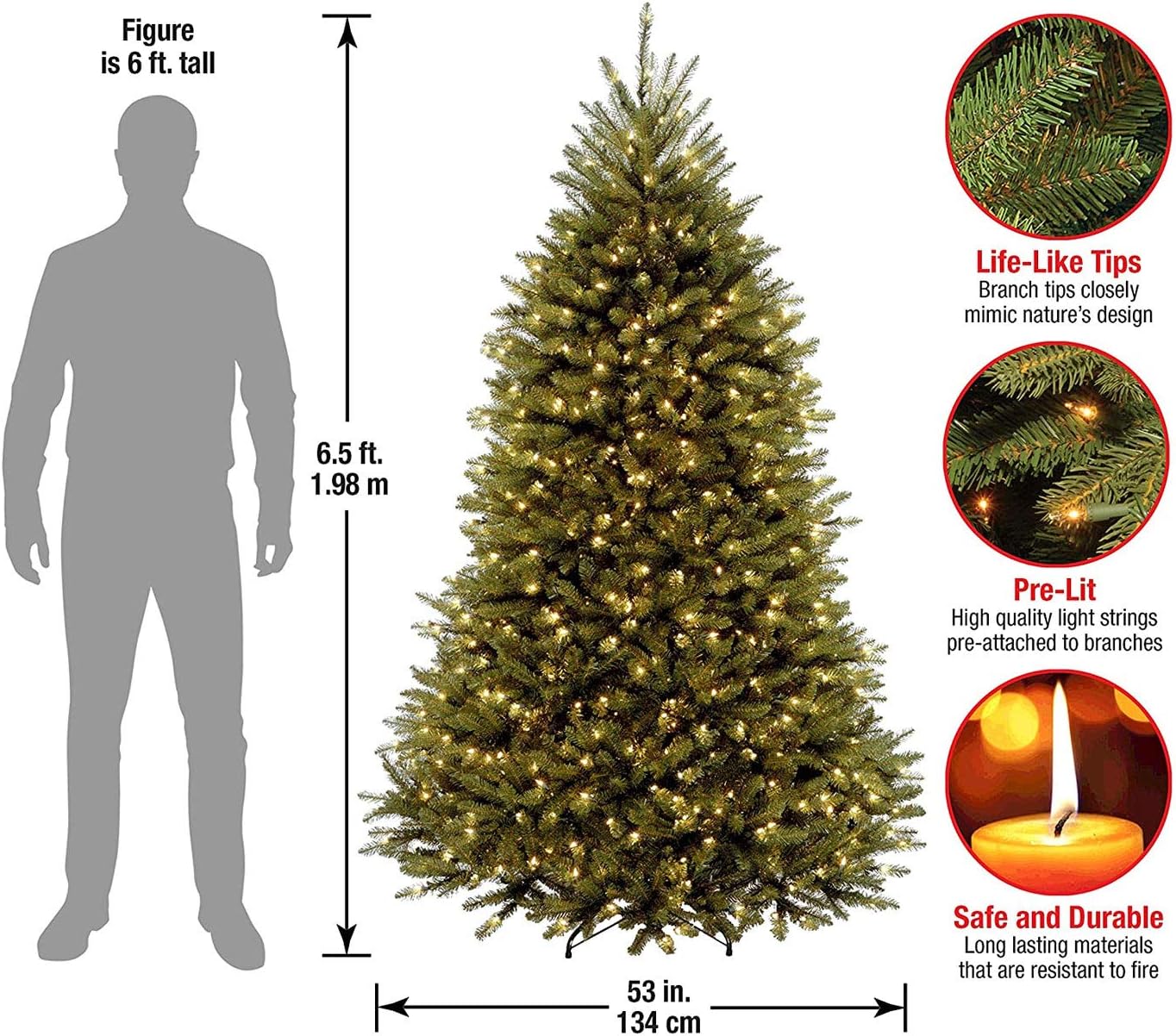 National Tree Company Pre-Lit Artificial Full Christmas Tree, Green, Dunhill Fir, White Lights, Includes Stand, 6.5 Feet