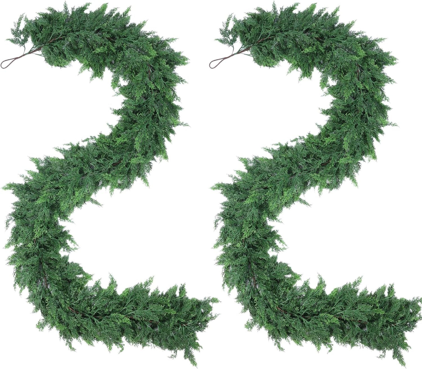 2 PCS 9 Ft Christmas Cedar Garlands, Artificial Cedar Pine Garland, Realistic Green Artificial Greenery Garland for Table, Mantle, Wall, Indoor, Outdoor Christmas Decorations (2, 9 FT)