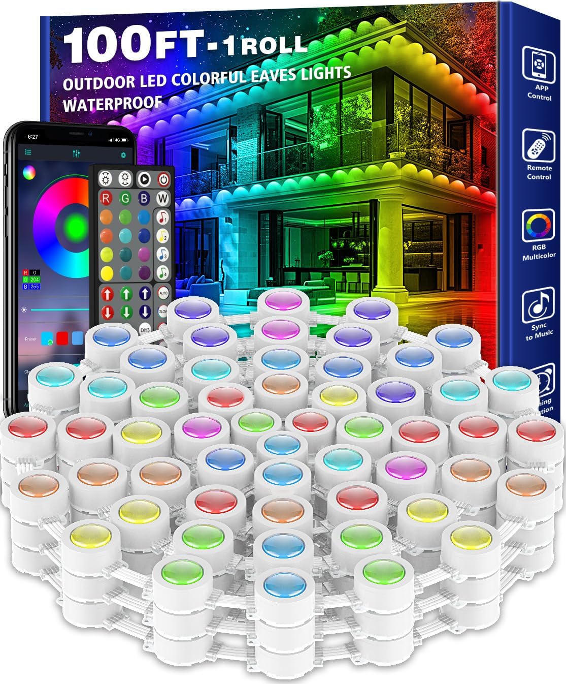 200FT Permanent Outdoor RGB Lights,Waterproof Smart LED Eaves Lights with App/Remote Control,for Christmas and All Holiday Decor,Daily and Accent Lighting,House Roof and Garden Lighting