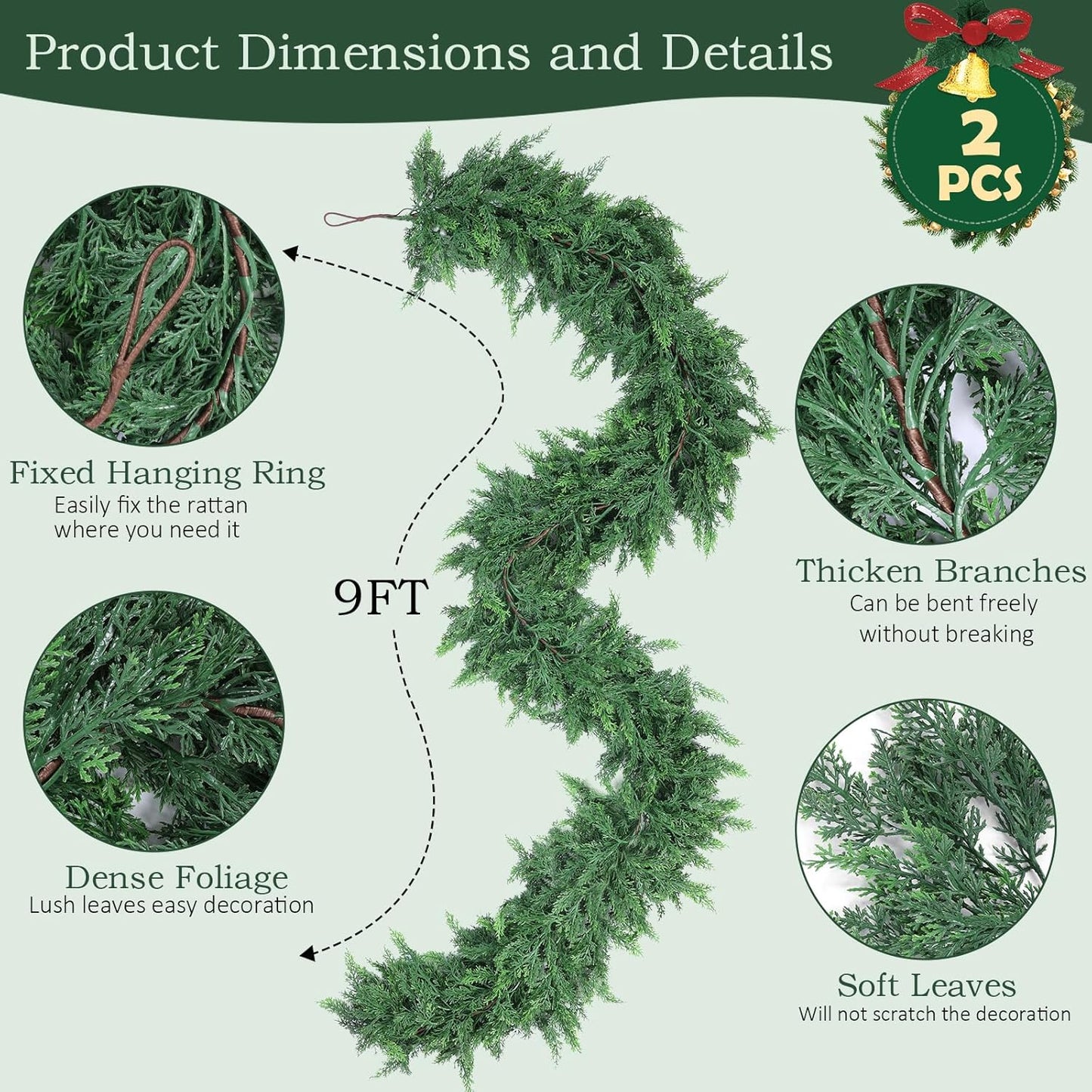 2 PCS 9 Ft Christmas Cedar Garlands, Artificial Cedar Pine Garland, Realistic Green Artificial Greenery Garland for Table, Mantle, Wall, Indoor, Outdoor Christmas Decorations (2, 9 FT)
