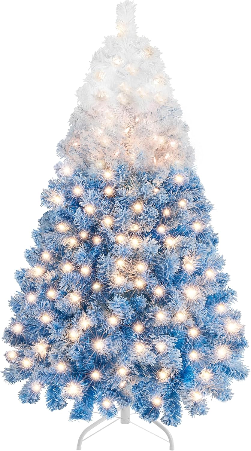 Yaheetech 6ft Pre-lit Artificial Christmas Tree with Incandescent Warm White Lights, Snow Flocked Full Prelighted Xmas Tree W/820 Branch Tips, 250 Incandescent Lights & Foldable Stand, Green & White