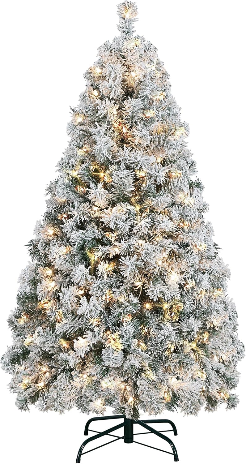 Yaheetech 6ft Pre-lit Artificial Christmas Tree with Incandescent Warm White Lights, Snow Flocked Full Prelighted Xmas Tree W/820 Branch Tips, 250 Incandescent Lights & Foldable Stand, Green & White