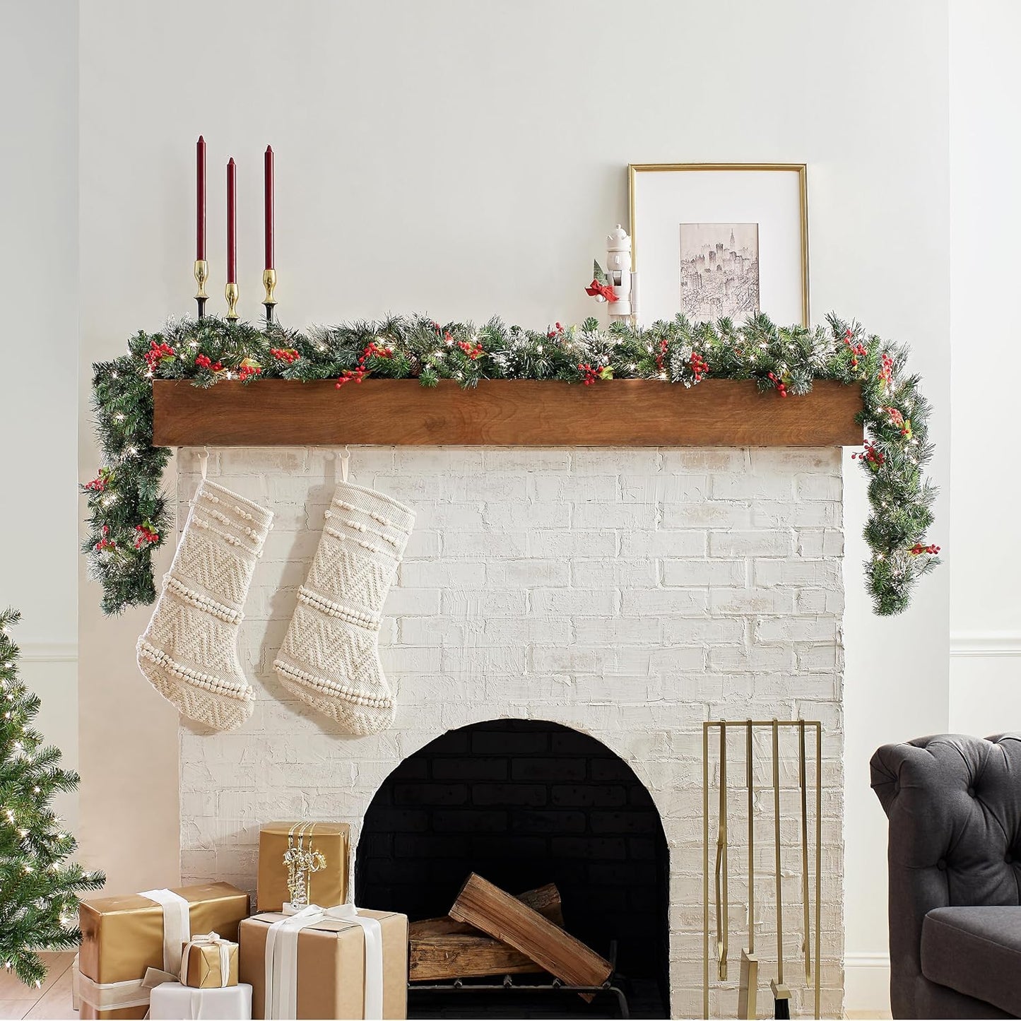 National Tree Company Pre-Lit Artificial Christmas Garland, Green, Wintry Pine, White Lights, Decorated with Pine Cones, Berry Clusters, Plug In, Christmas Collection, 9 Feet