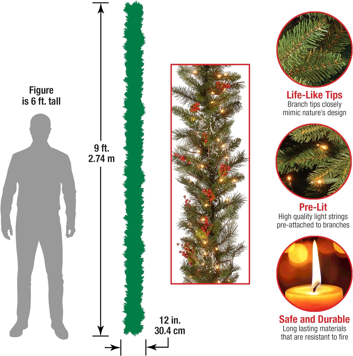 National Tree Company Pre-Lit Artificial Christmas Garland, Green, Wintry Pine, White Lights, Decorated with Pine Cones, Berry Clusters, Plug In, Christmas Collection, 9 Feet