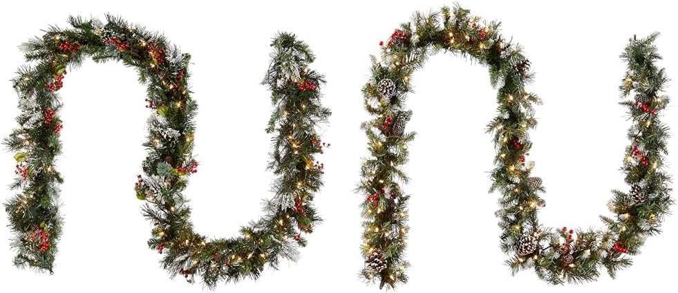 National Tree Company Pre-Lit Artificial Christmas Garland, Green, Wintry Pine, White Lights, Decorated with Pine Cones, Berry Clusters, Plug In, Christmas Collection, 9 Feet