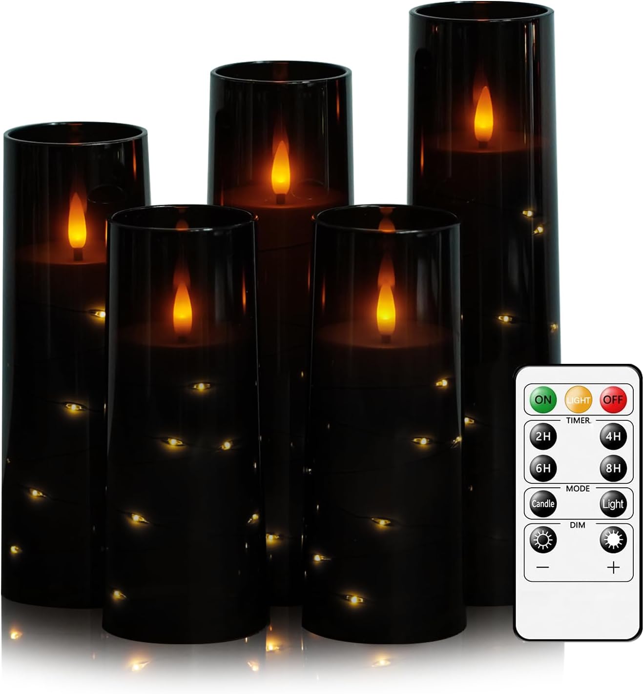 Flameless LED Candles with Timer 5 Pc Flickering Flameless Candles for Romantic Ambiance and Home Decoration Stable Acrylic Shell,with Embedded Star String，Battery Operated Candles（Red）