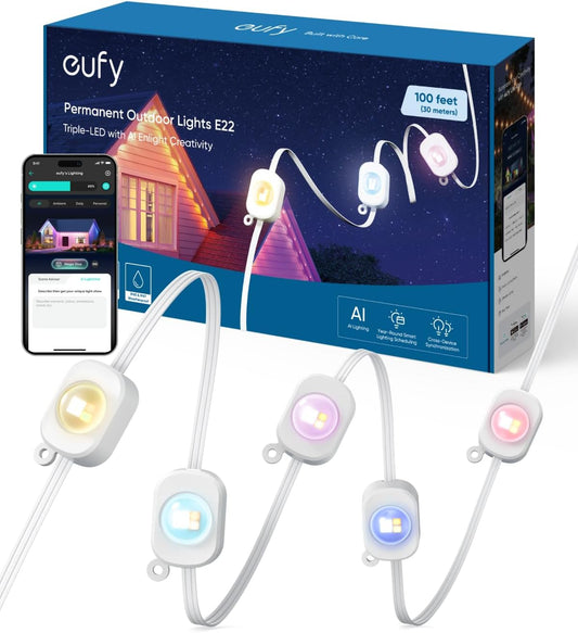 eufy Permanent Outdoor Lights E22, 100ft with 60 Triple-LED Lights, Smart RGBWW for Christmas, Daily and Holiday, IP67 Waterproof, AI Lighting Themes for Christmas Decorations, Links with Cameras