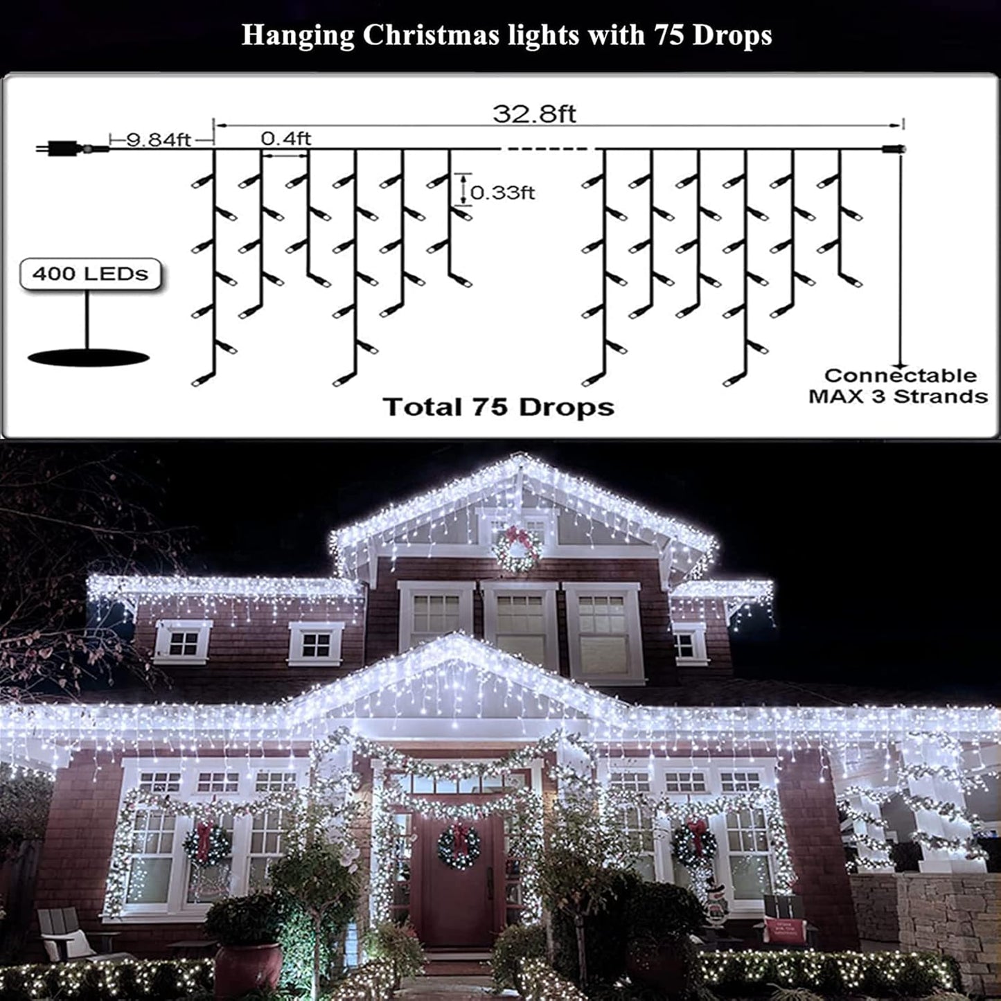Led Christmas Lights Outdoor Christmas Decorations Hanging Light 400LED 8 Modes 75 Drops, Waterproof Outdoor Indoor Fairy Christmas Lights for Party, Holiday, Wedding Decorations (CoolWhite)