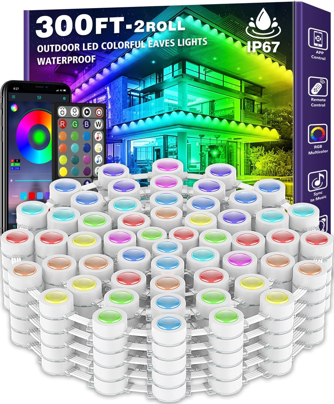 200FT Permanent Outdoor RGB Lights,Waterproof Smart LED Eaves Lights with App/Remote Control,for Christmas and All Holiday Decor,Daily and Accent Lighting,House Roof and Garden Lighting