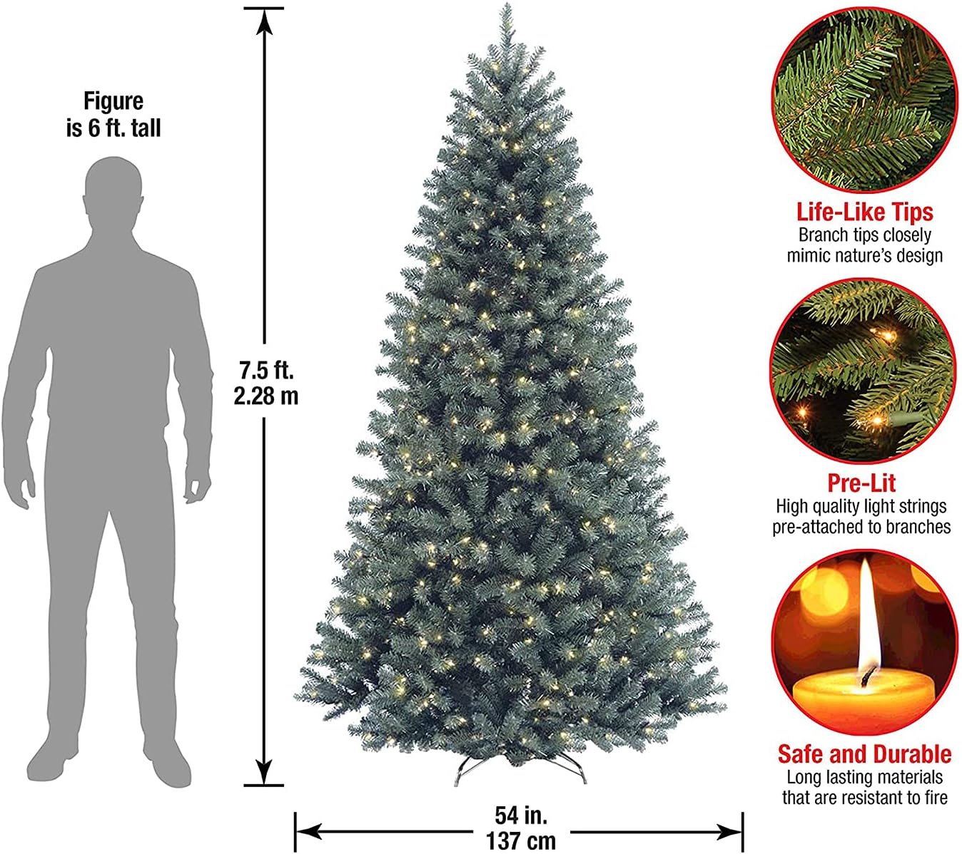 National Tree Company Pre-Lit Artificial Full Christmas Tree, Blue, North Valley Spruce, White Lights, Includes Stand, 7.5 Feet