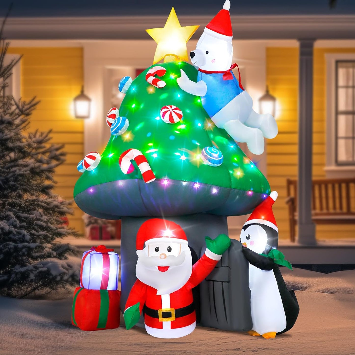 8FT Long Christmas Inflatable Dog Sled with Polar Bear & Penguin, LEDs Lighted Blow Up Outdoor Decoration for Xmas, Weiner Dog Sleigh Décor for Indoor Garden Yard Lawn Party Patio