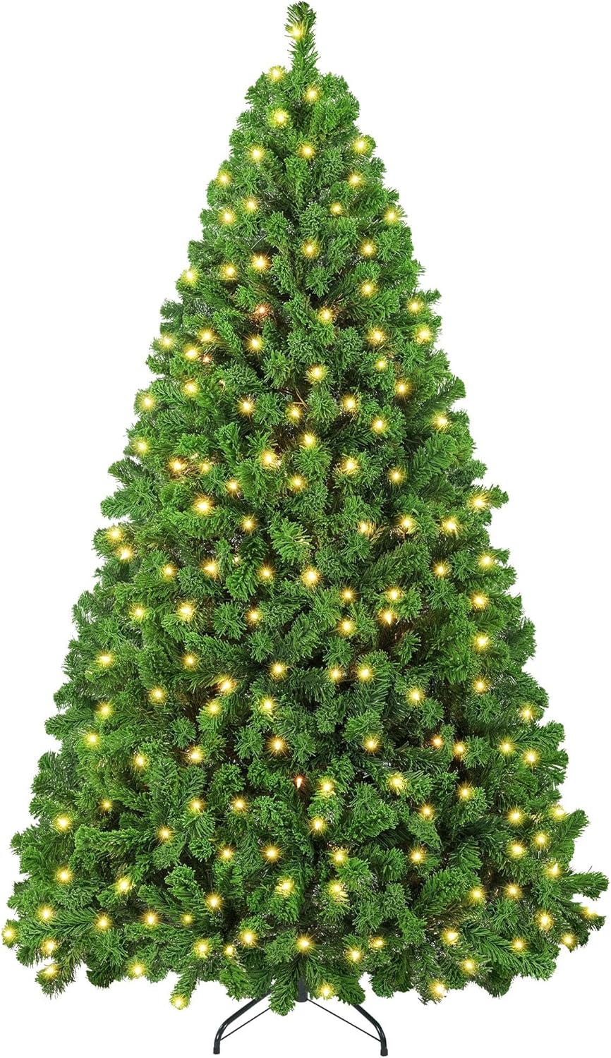 Yaheetech 6ft Pre-lit Artificial Christmas Tree with Incandescent Warm White Lights, Snow Flocked Full Prelighted Xmas Tree W/820 Branch Tips, 250 Incandescent Lights & Foldable Stand, Green & White