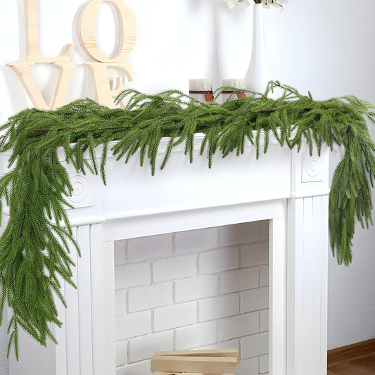 Hananona 2 Pcs 6 Ft Artificial Norfolk Pine Garlands, Real Touch Winter Pine Garland, Green Artificial Greenery Garland for Table, Mantle, Wall, Indoor, Outdoor Christmas Decorations (2, 6 FT)