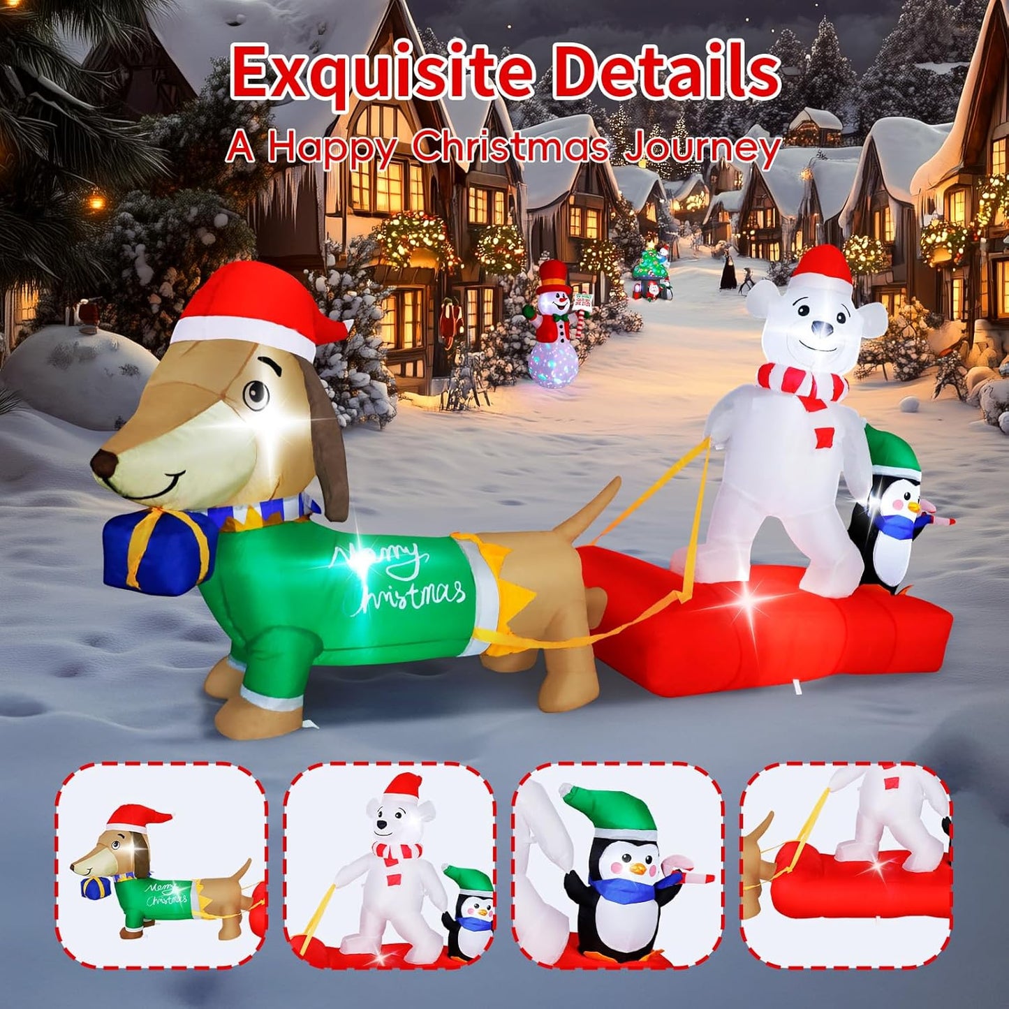 8FT Long Christmas Inflatable Dog Sled with Polar Bear & Penguin, LEDs Lighted Blow Up Outdoor Decoration for Xmas, Weiner Dog Sleigh Décor for Indoor Garden Yard Lawn Party Patio