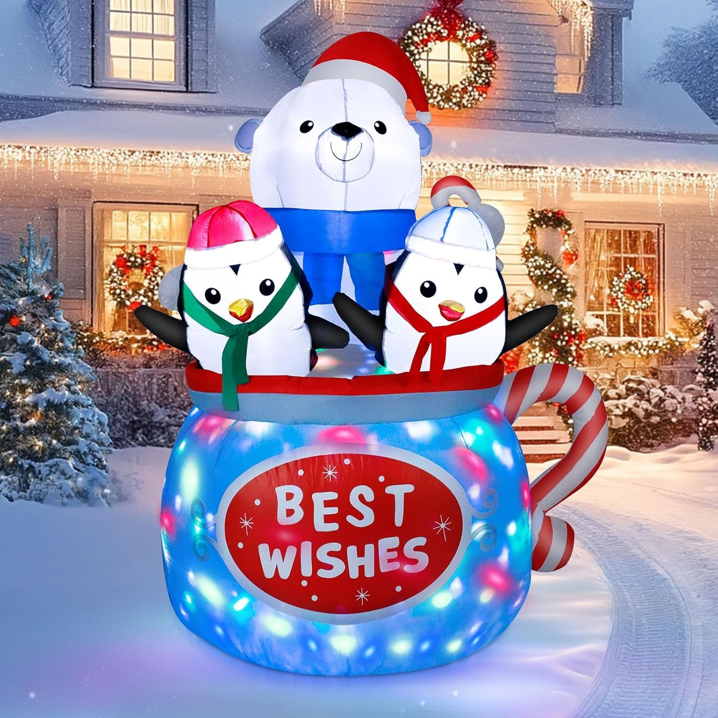 8FT Long Christmas Inflatable Dog Sled with Polar Bear & Penguin, LEDs Lighted Blow Up Outdoor Decoration for Xmas, Weiner Dog Sleigh Décor for Indoor Garden Yard Lawn Party Patio