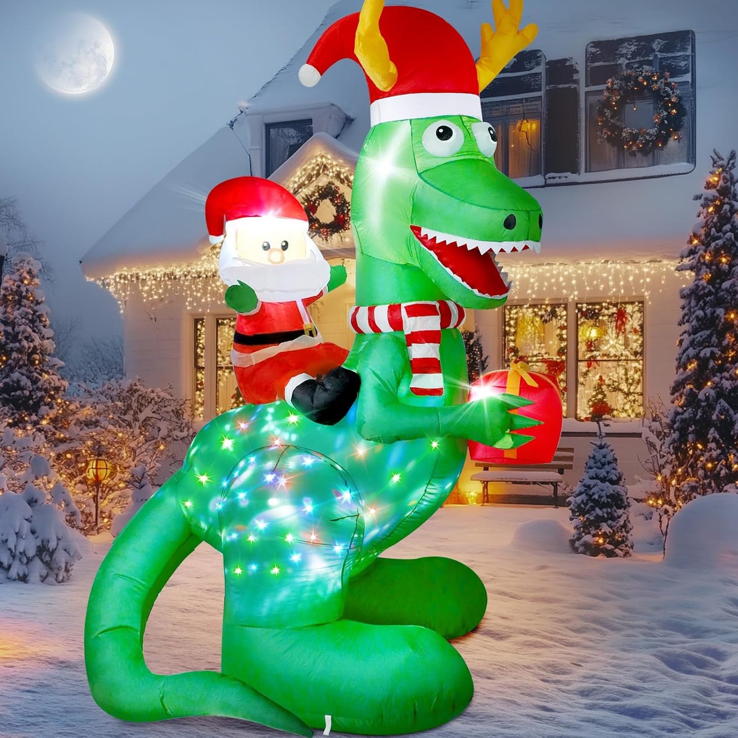 8FT Long Christmas Inflatable Dog Sled with Polar Bear & Penguin, LEDs Lighted Blow Up Outdoor Decoration for Xmas, Weiner Dog Sleigh Décor for Indoor Garden Yard Lawn Party Patio