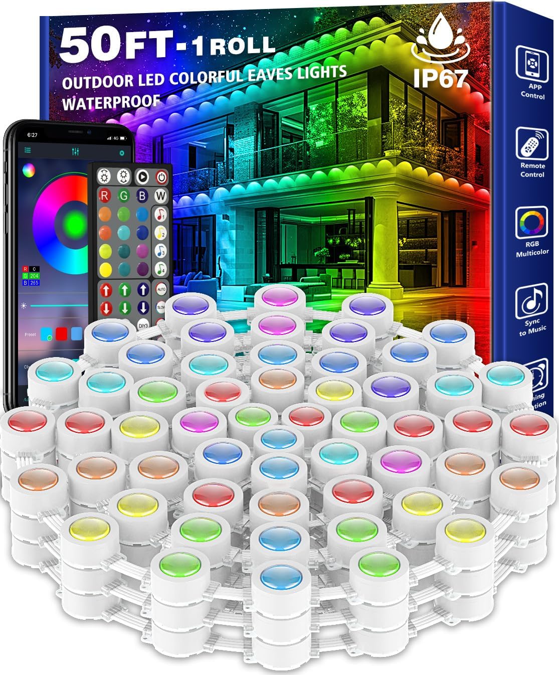 200FT Permanent Outdoor RGB Lights,Waterproof Smart LED Eaves Lights with App/Remote Control,for Christmas and All Holiday Decor,Daily and Accent Lighting,House Roof and Garden Lighting