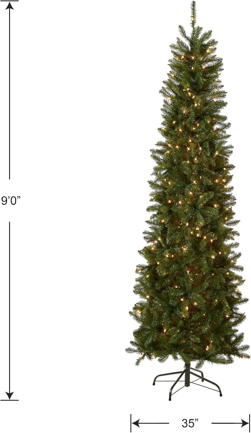 National Tree Company Artificial Pre-Lit Slim Christmas Tree, Green, Kingswood Fir, White Lights, Includes Stand, 9 Feet