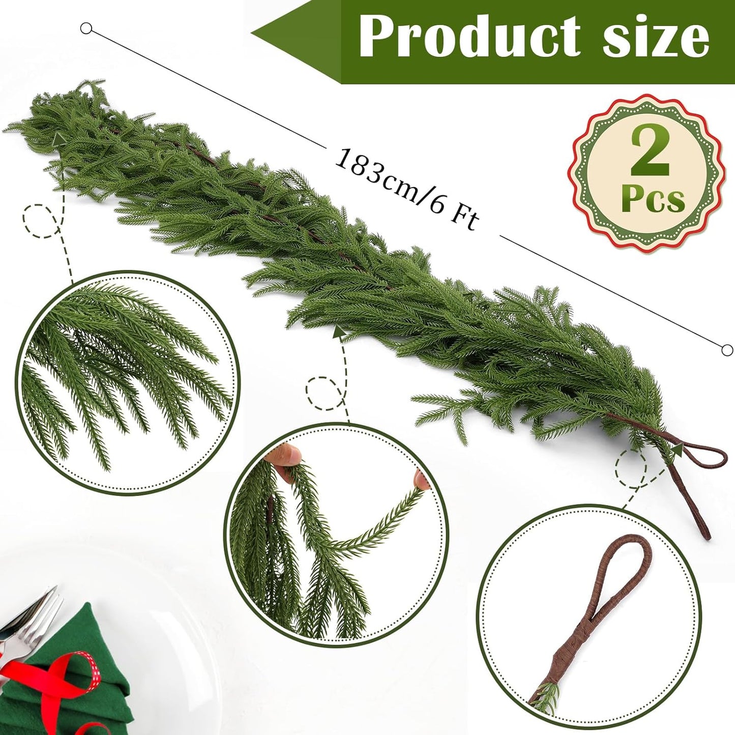 Hananona 2 Pcs 6 Ft Artificial Norfolk Pine Garlands, Real Touch Winter Pine Garland, Green Artificial Greenery Garland for Table, Mantle, Wall, Indoor, Outdoor Christmas Decorations (2, 6 FT)