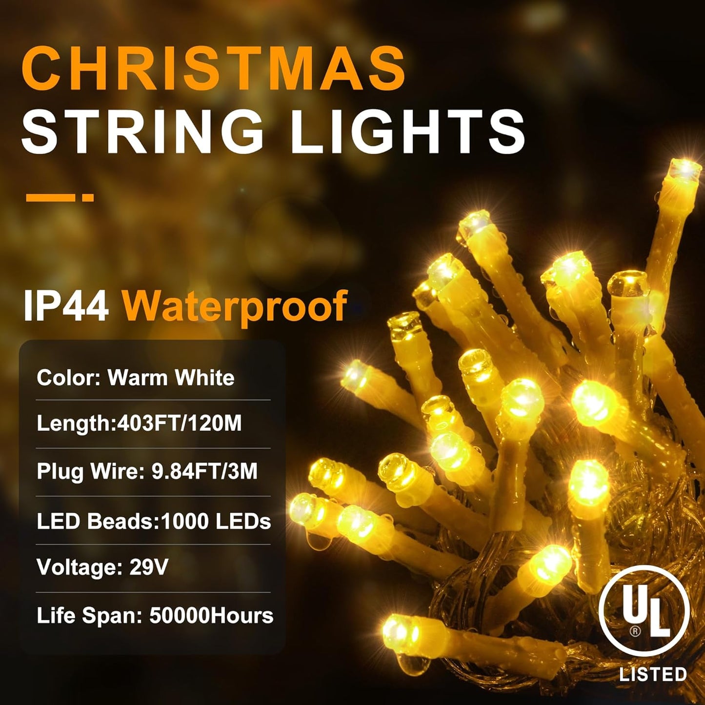 KNONEW 403ft 1000 LED Christmas String Lights Outdoor 8 Modes & Timer Fairy Light Plug in Waterproof LED String Lights for Xmas Yard Tree Wedding Party Holiday Decorations (Warm White)