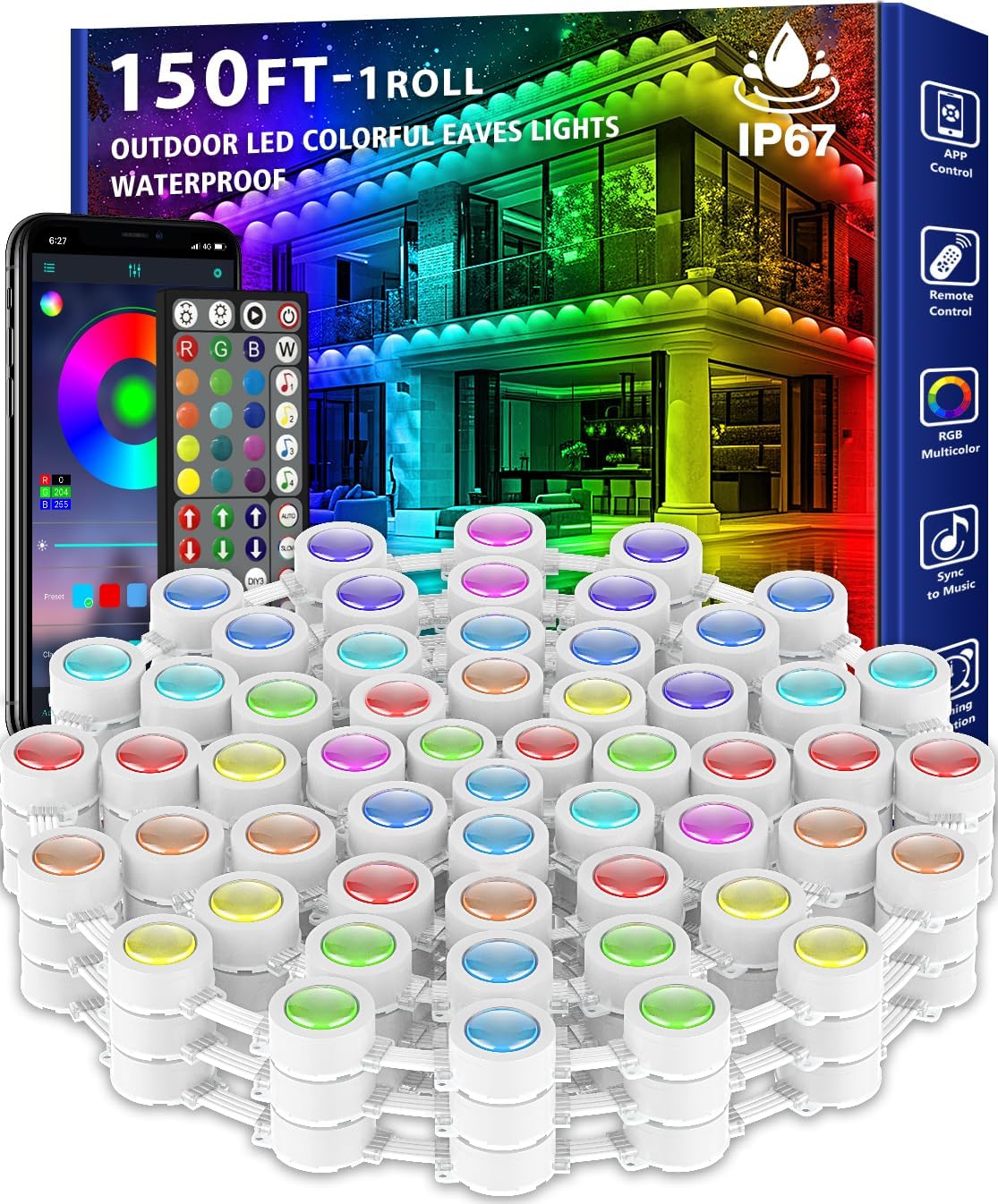 200FT Permanent Outdoor RGB Lights,Waterproof Smart LED Eaves Lights with App/Remote Control,for Christmas and All Holiday Decor,Daily and Accent Lighting,House Roof and Garden Lighting
