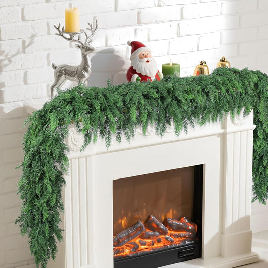 2 PCS 9 Ft Christmas Cedar Garlands, Artificial Cedar Pine Garland, Realistic Green Artificial Greenery Garland for Table, Mantle, Wall, Indoor, Outdoor Christmas Decorations (2, 9 FT)