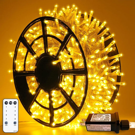 JMEXSUSS 163ft 500 LED Warm White Christmas Lights Outdoor, Plug-in Outdoor String Lights for Classroom, Clear Wire 8 Modes Remote Control Christmas Tree Lights for Christmas Bedroom Tree Classroom