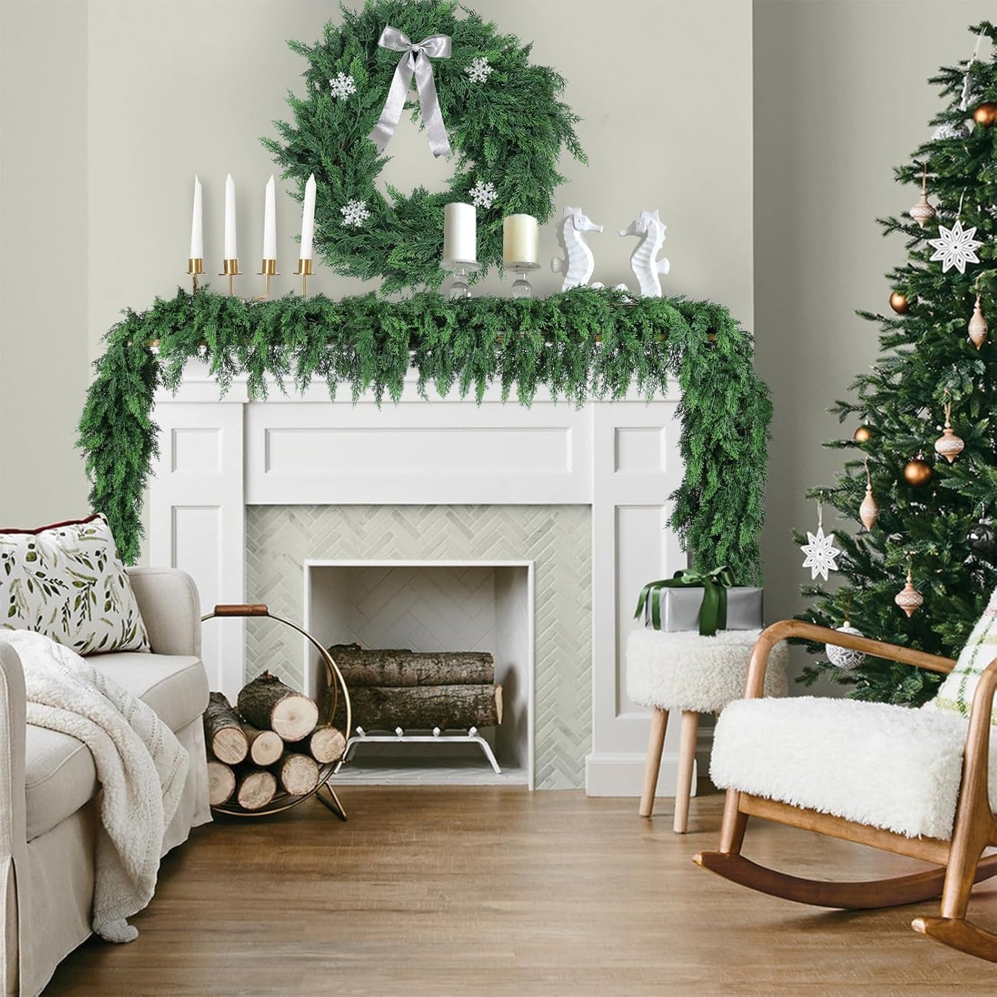 2 PCS 9 Ft Christmas Cedar Garlands, Artificial Cedar Pine Garland, Realistic Green Artificial Greenery Garland for Table, Mantle, Wall, Indoor, Outdoor Christmas Decorations (2, 9 FT)