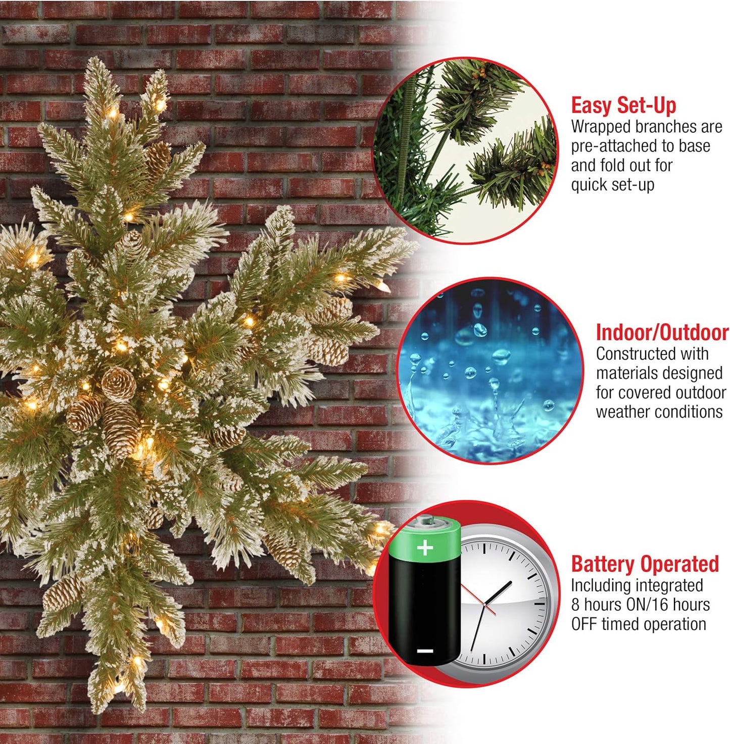 National Tree Company Pre-Lit Artificial Christmas Star Wreath, Green, Glittery Bristle Pine, White Lights, Decorated with Pine Cones, Frosted Branches, Christmas Collection, 32 Inches