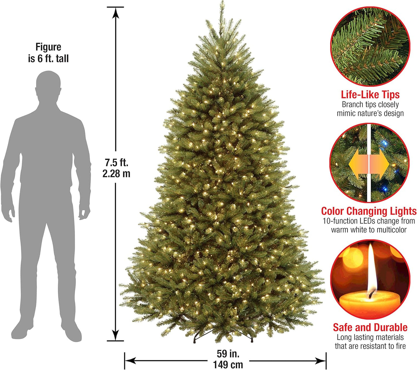 National Tree Company Pre-Lit Artificial Full Christmas Tree, Green, Dunhill Fir, Dual Color LED Lights, Includes Stand, 7.5 Feet, Dual Colored Lights