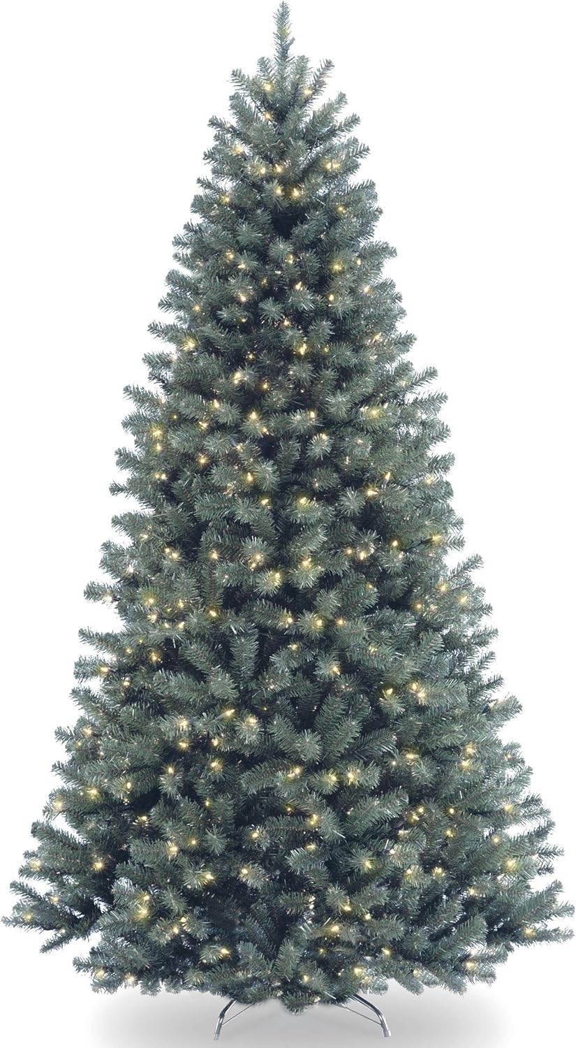 National Tree Company Pre-Lit Artificial Full Christmas Tree, Blue, North Valley Spruce, White Lights, Includes Stand, 7.5 Feet