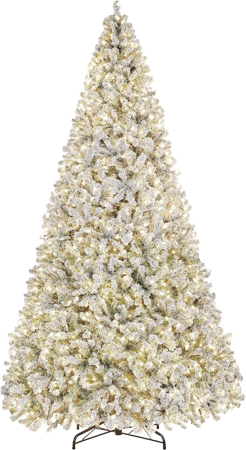Yaheetech 6ft Pre-lit Artificial Christmas Tree with Incandescent Warm White Lights, Snow Flocked Full Prelighted Xmas Tree W/820 Branch Tips, 250 Incandescent Lights & Foldable Stand, Green & White