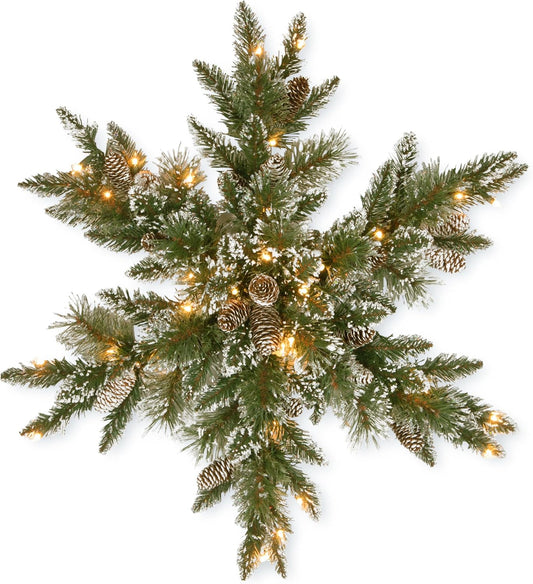 National Tree Company Pre-Lit Artificial Christmas Star Wreath, Green, Glittery Bristle Pine, White Lights, Decorated with Pine Cones, Frosted Branches, Christmas Collection, 32 Inches